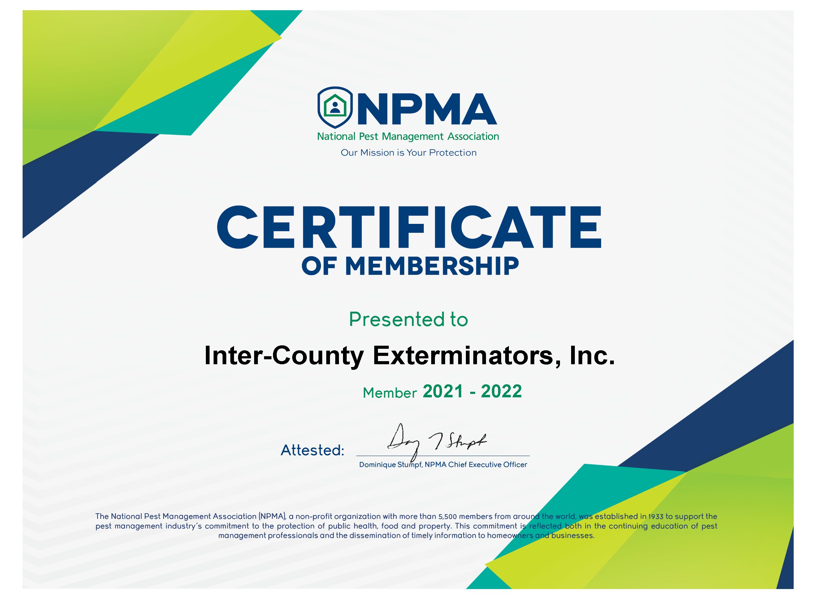National Pest Management Association certificate