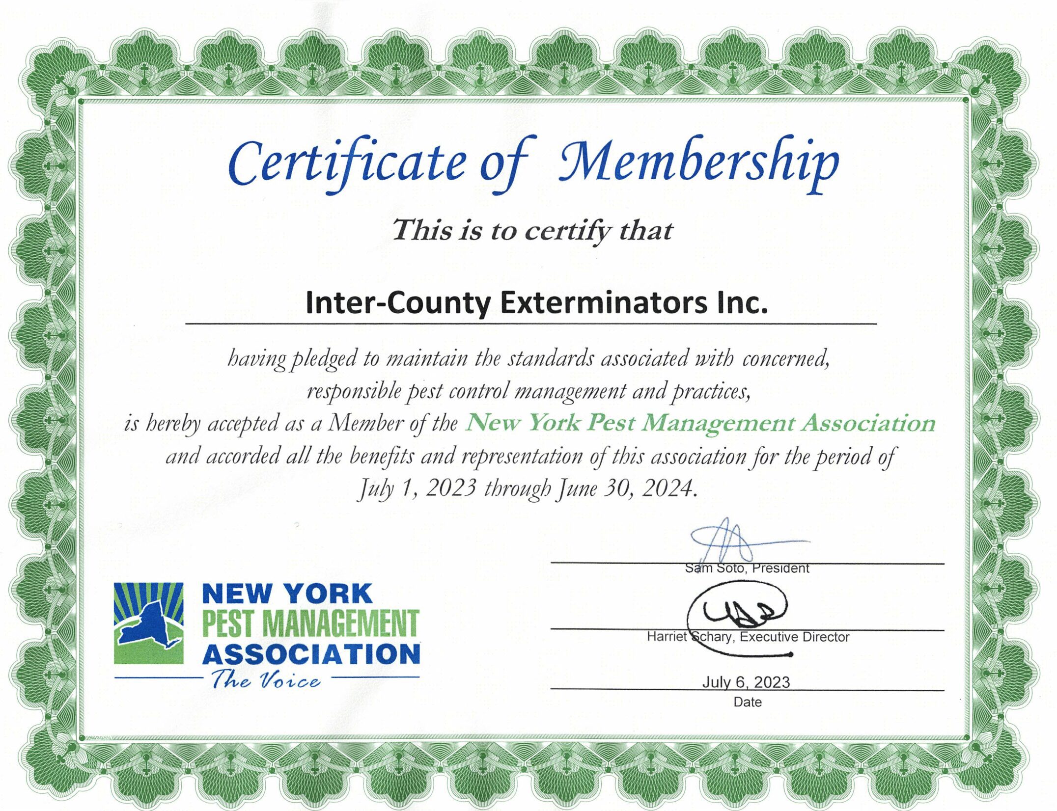 National Pest Management Association certificate