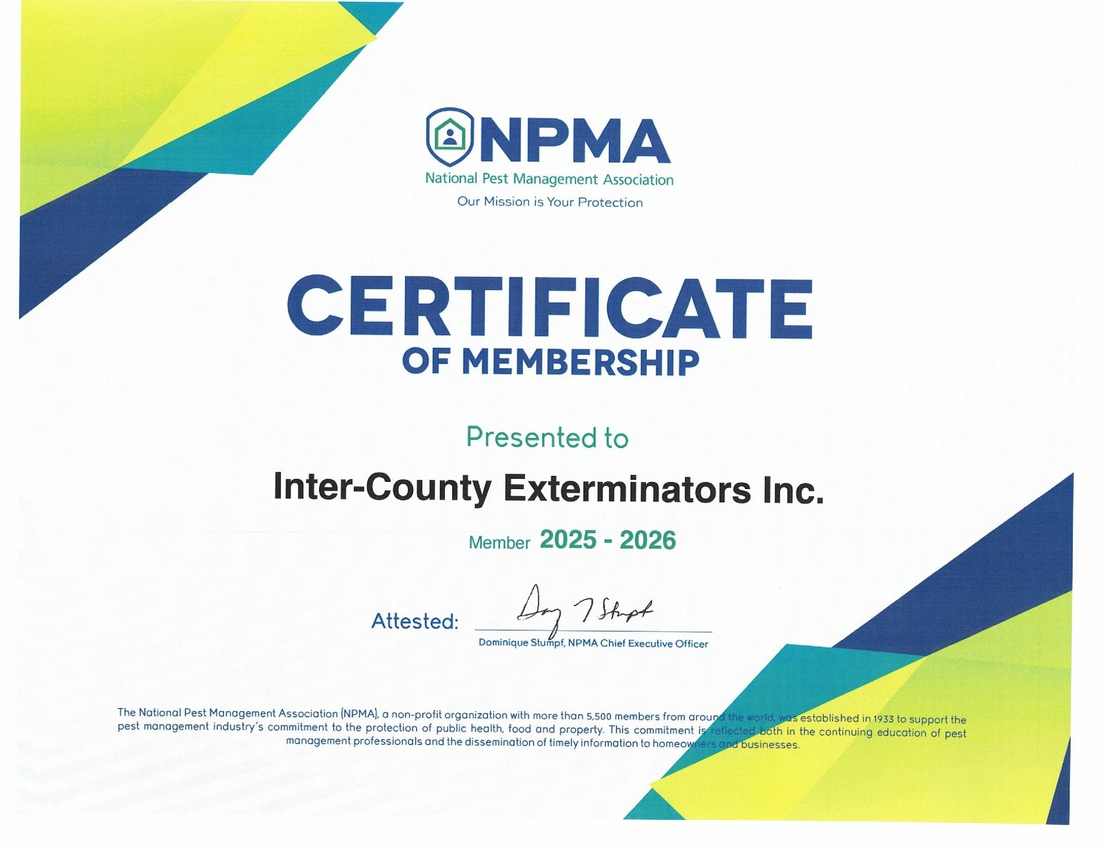 National Pest Management Association certificate